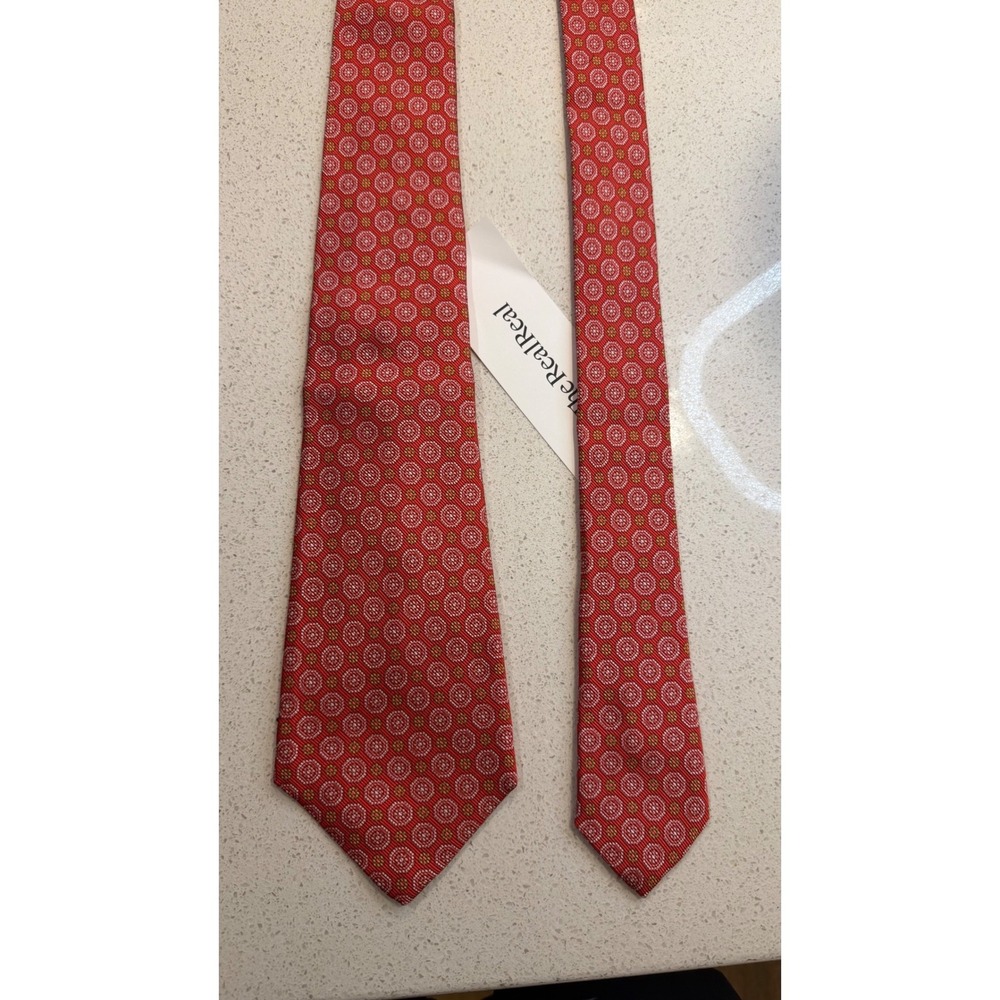 Kiton Napoli Mens Red Silk Geometric Medallion Print Luxury Tie Italy 4 Inch
